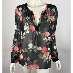 Joie Maurelle Silk Floral Blouse‎ Women L EUC Long Sleeve Sheer V-neck Top Black